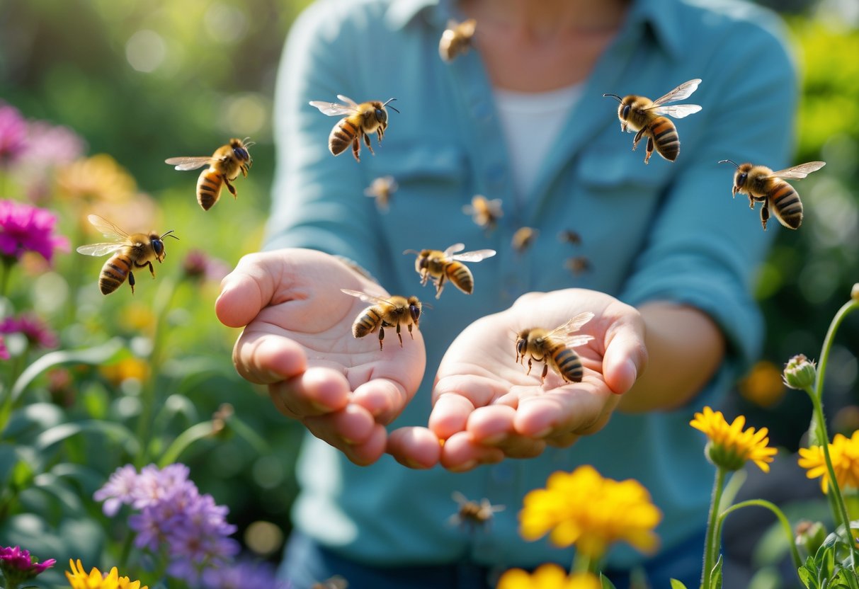 A person standing in a garden with bees hovering and landing around them near colorful flowers.
