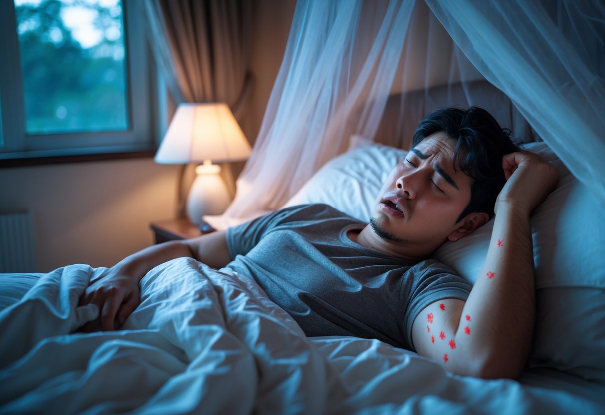 A person in bed looking at red mosquito bites on their arm in a softly lit bedroom at night.