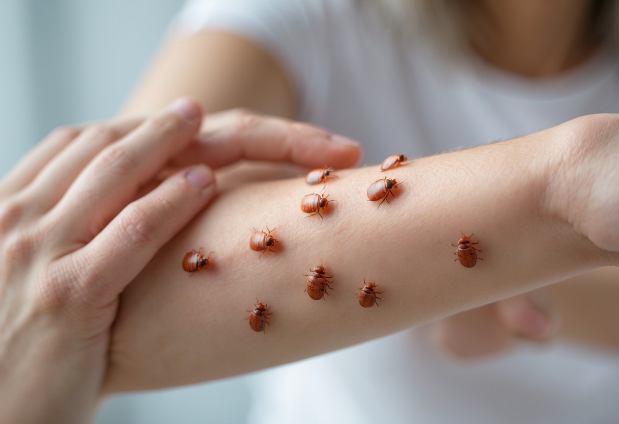 Close-up of a forearm with several small red flea bites and a hand gently touching the affected area.
