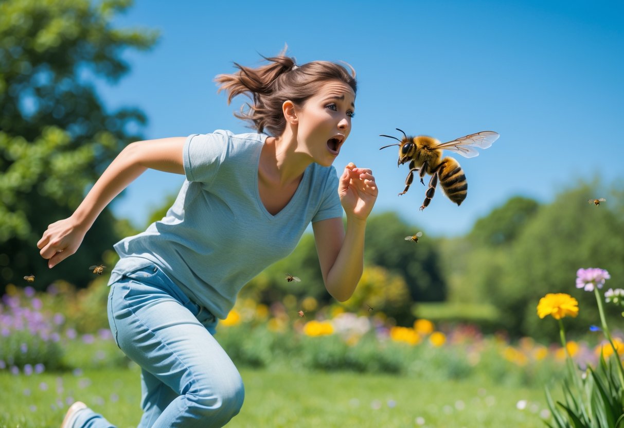 A person running outdoors looking scared as a bee flies close behind them near a garden with flowers.