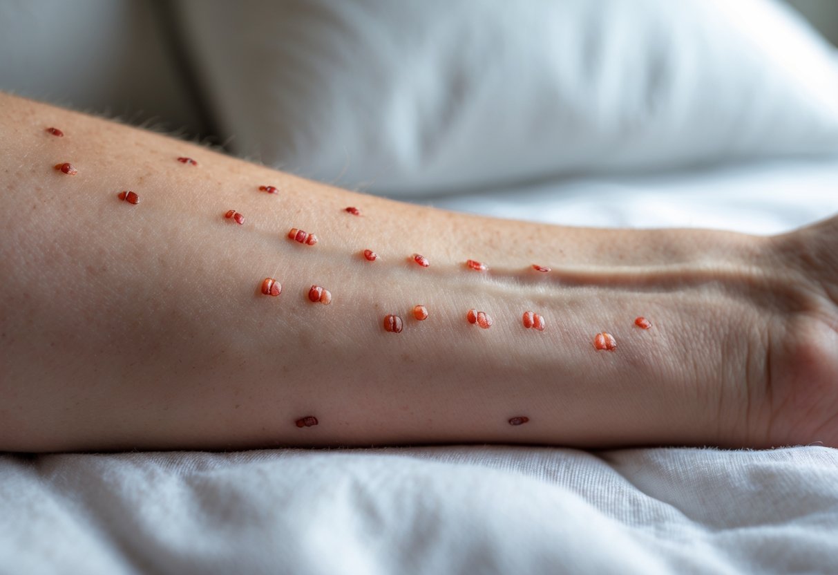 Close-up of a person's forearm with red itchy bites, with a blurred bedroom in the background.