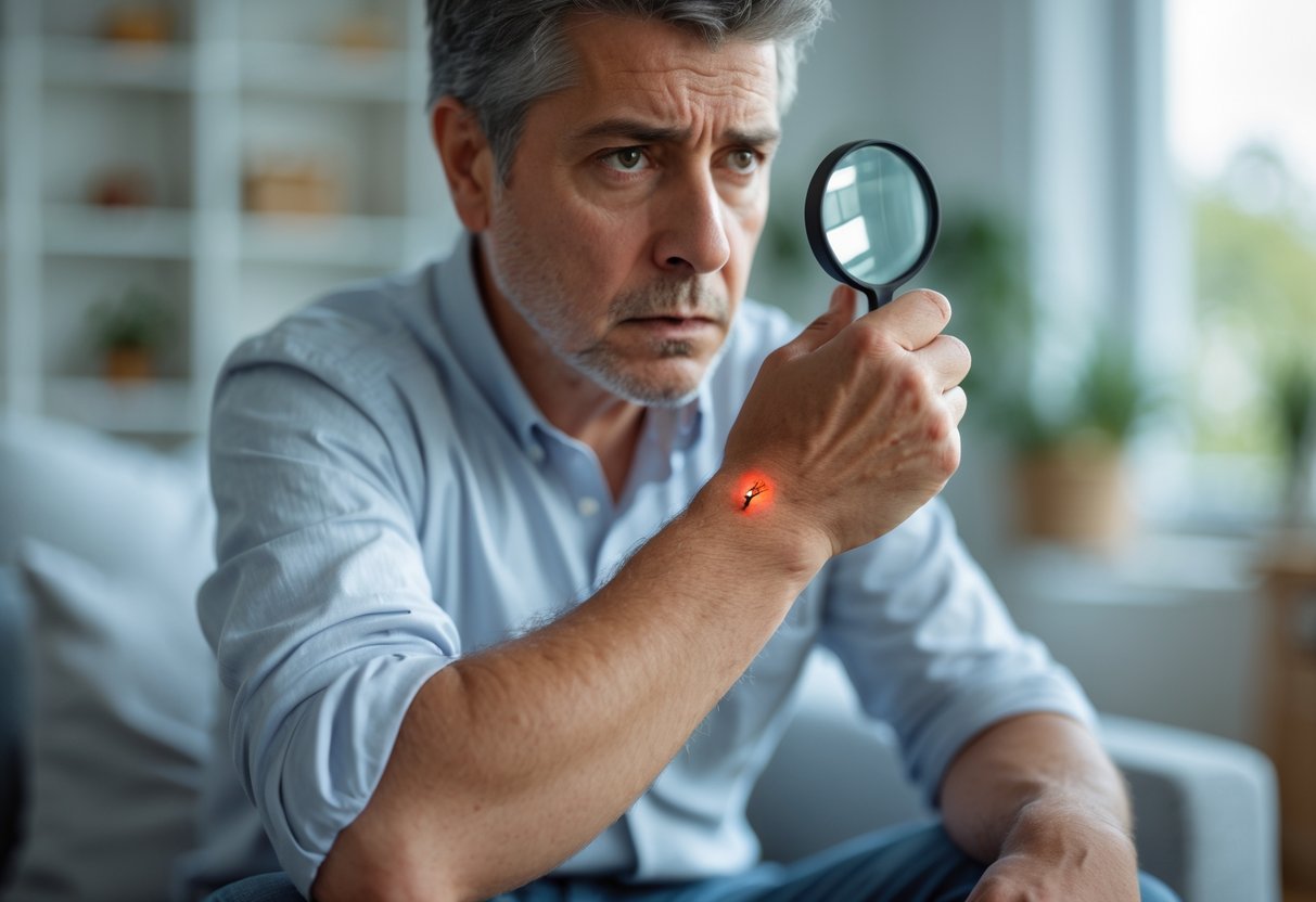 An adult closely examining a red bite mark on their forearm using a magnifying glass in a bright room.