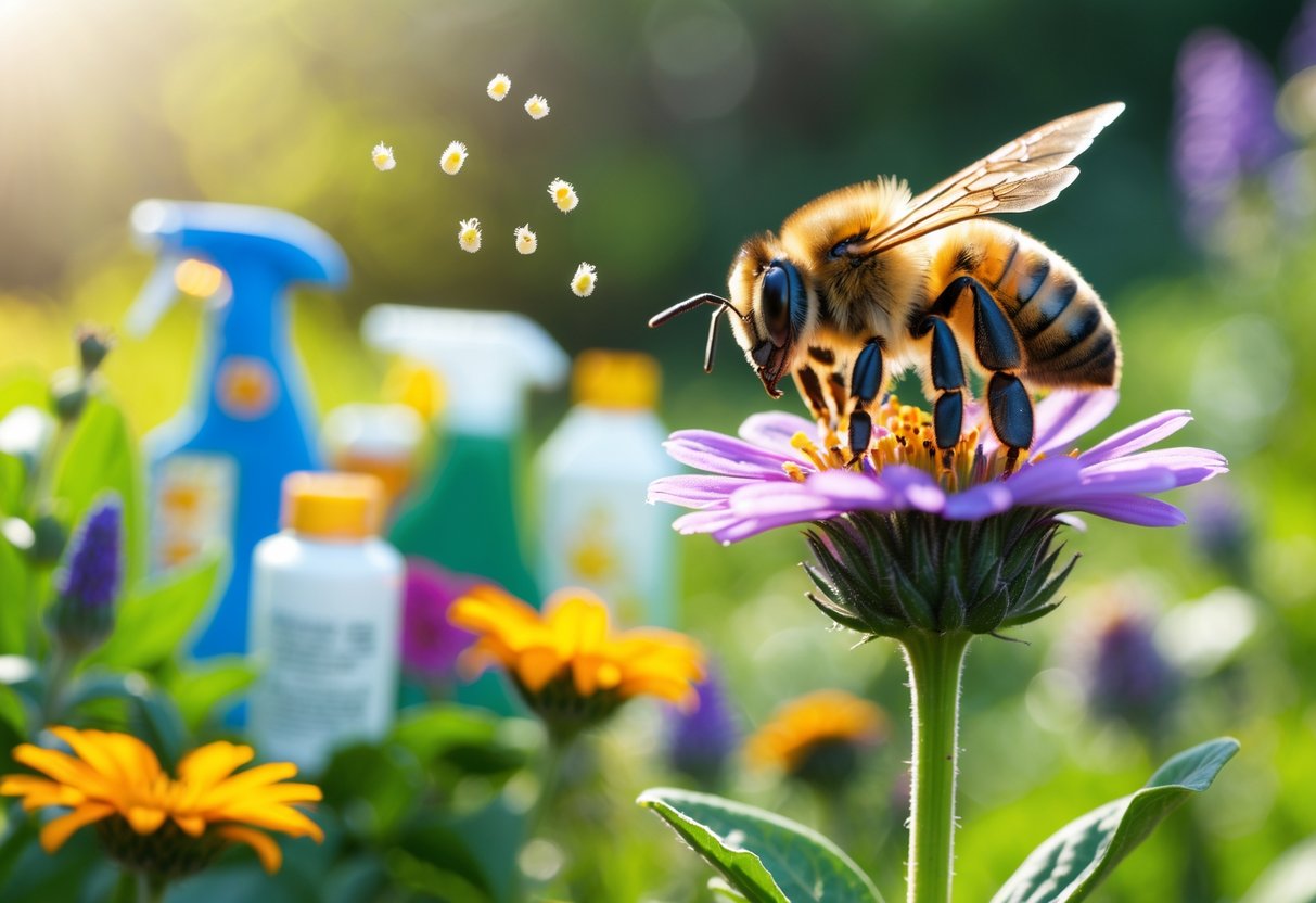 A close-up of a honeybee on a flower with containers of pesticides blurred in the background.