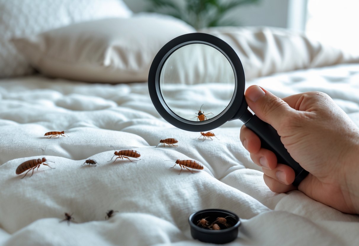 A person inspecting a mattress closely with a magnifying glass to check for small insects like bed bugs or fleas.