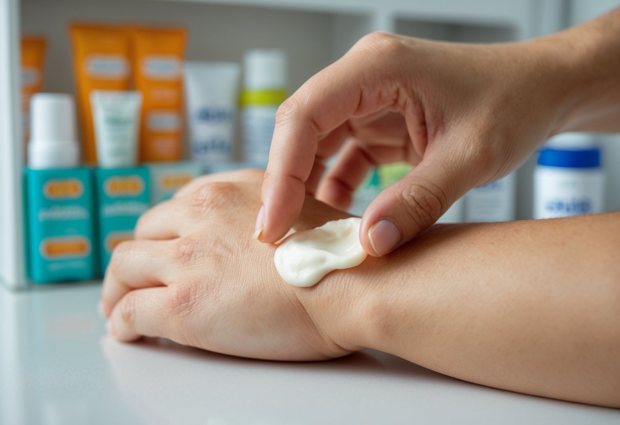 A person applying cream to a red insect bite on their forearm with medicine products visible in the background.