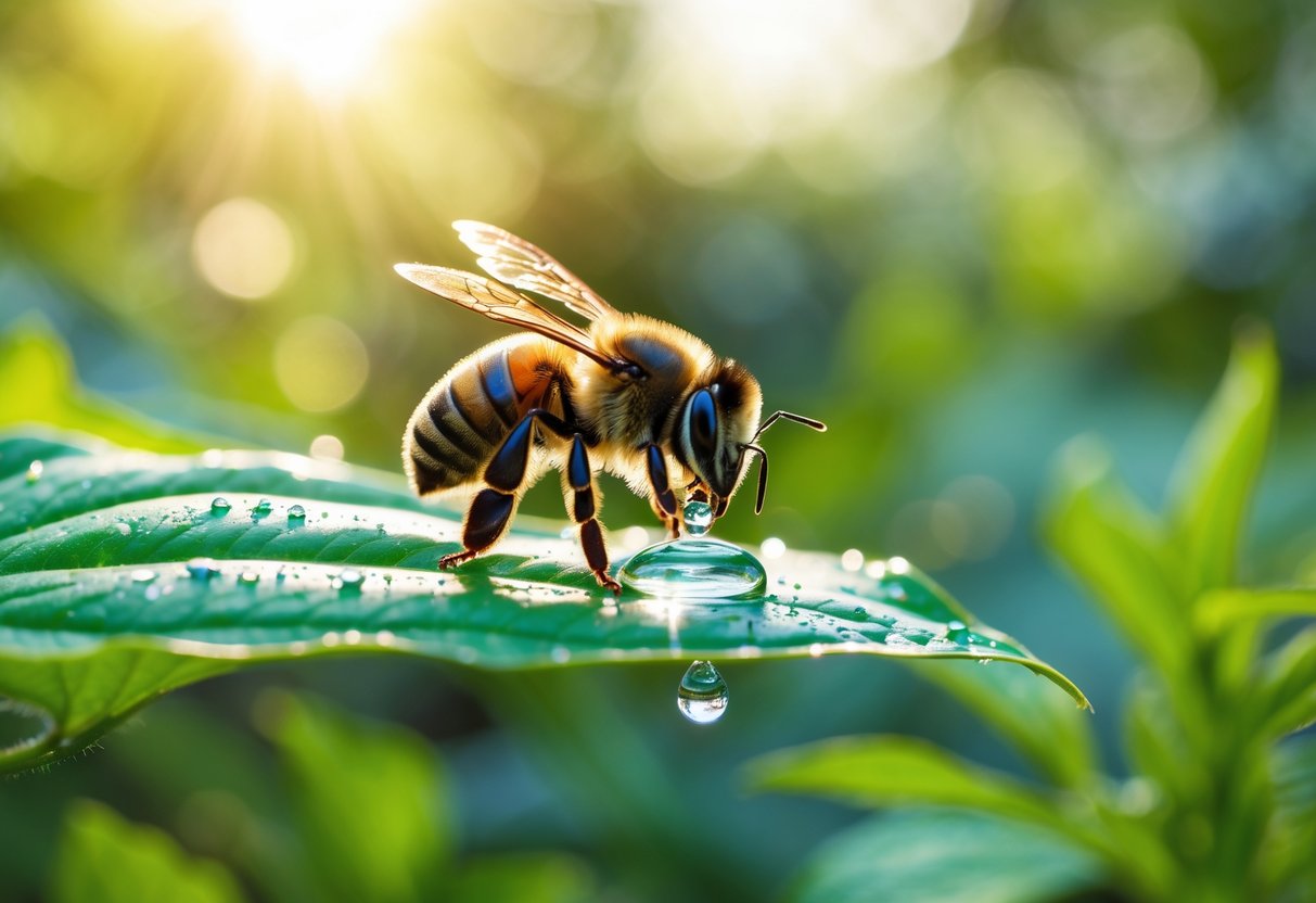 A close-up of a bee near a drop of water on a green leaf in a sunlit garden.