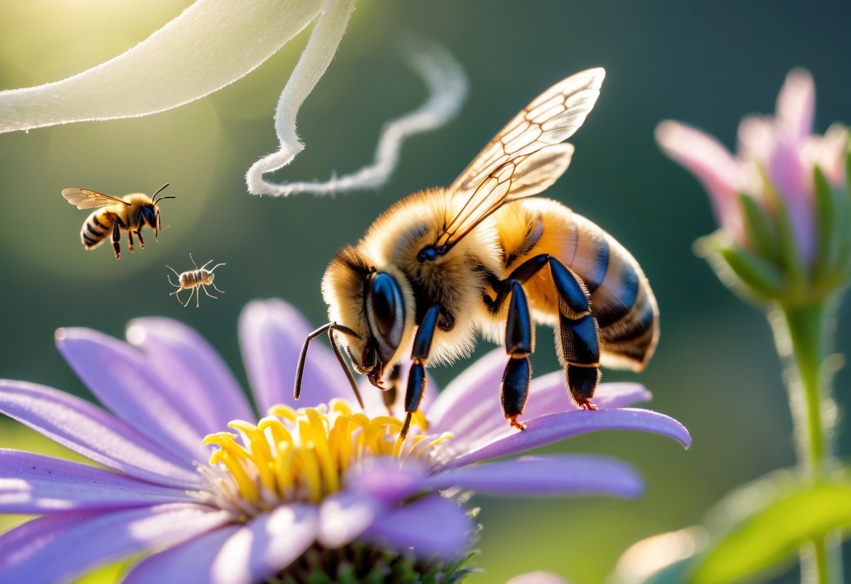 Close-up of a honeybee on a flower with subtle signs of environmental threats like a mite, pesticide spray, and wilting plants in the background.