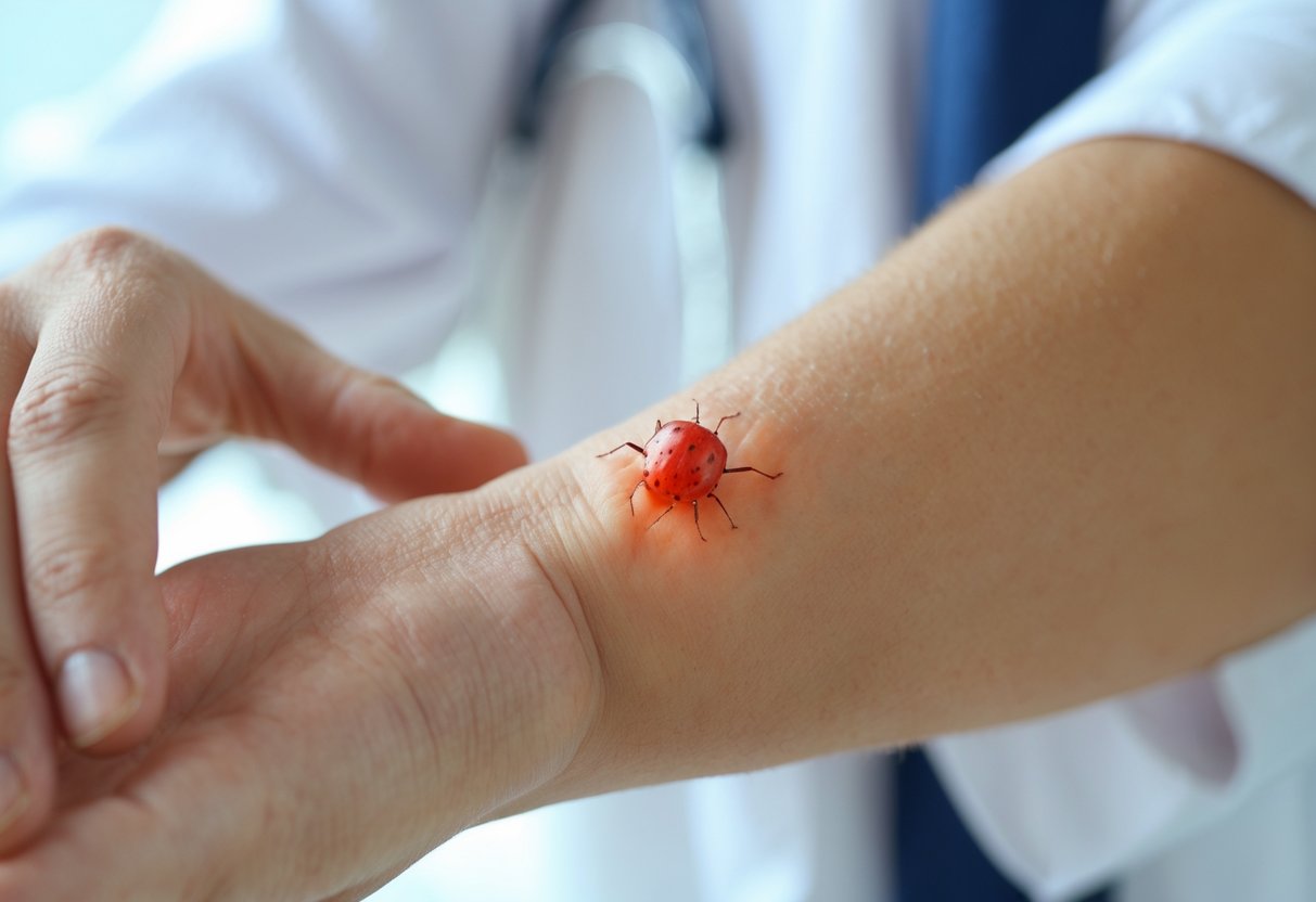 Close-up of a person's forearm with a swollen red insect bite being gently touched by their other hand.