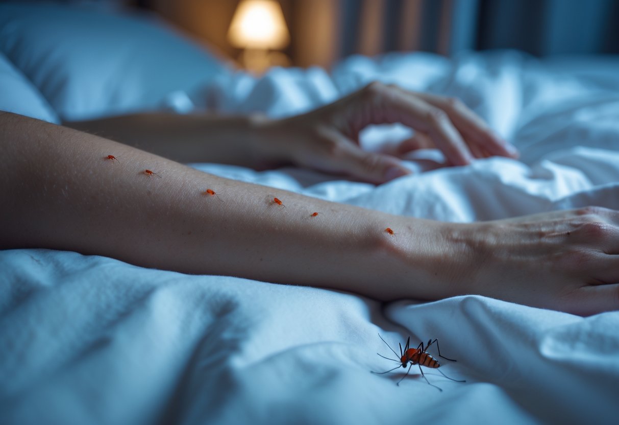 A close-up of a person's arm with red insect bites resting on a bed with white sheets and a small insect nearby.