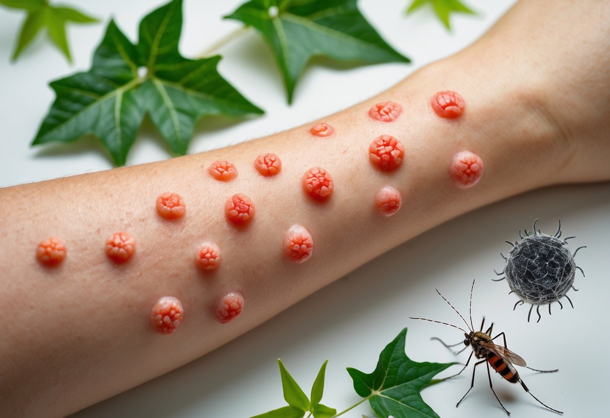 Close-up of a forearm with red, irritated bumps and nearby poison ivy leaves and a mosquito.