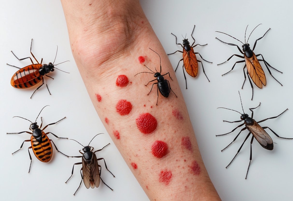 Close-up of a human arm showing various insect bites and skin irritations with small images of different insects nearby.