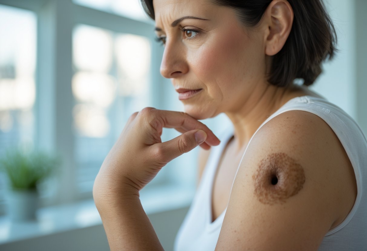 An adult looking closely at a bite mark on their forearm with a concerned expression indoors.