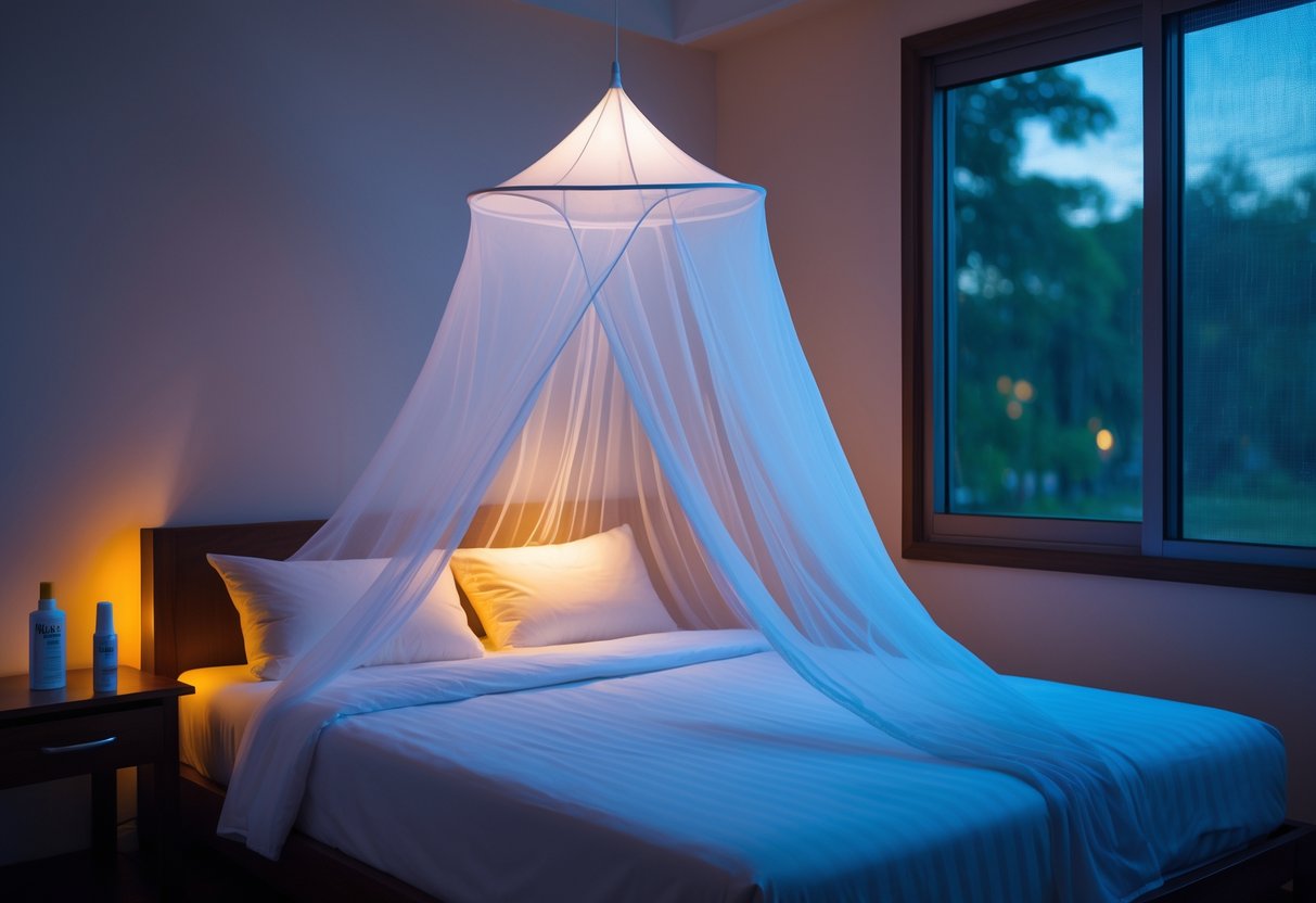 A tidy bedroom at night with a bed covered by a mosquito net, a bedside table with insect repellent, and a closed window with a mesh screen.
