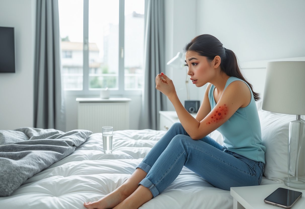 A young woman sitting on the edge of a bed looking worried while examining red bites on her arm in a bright bedroom.