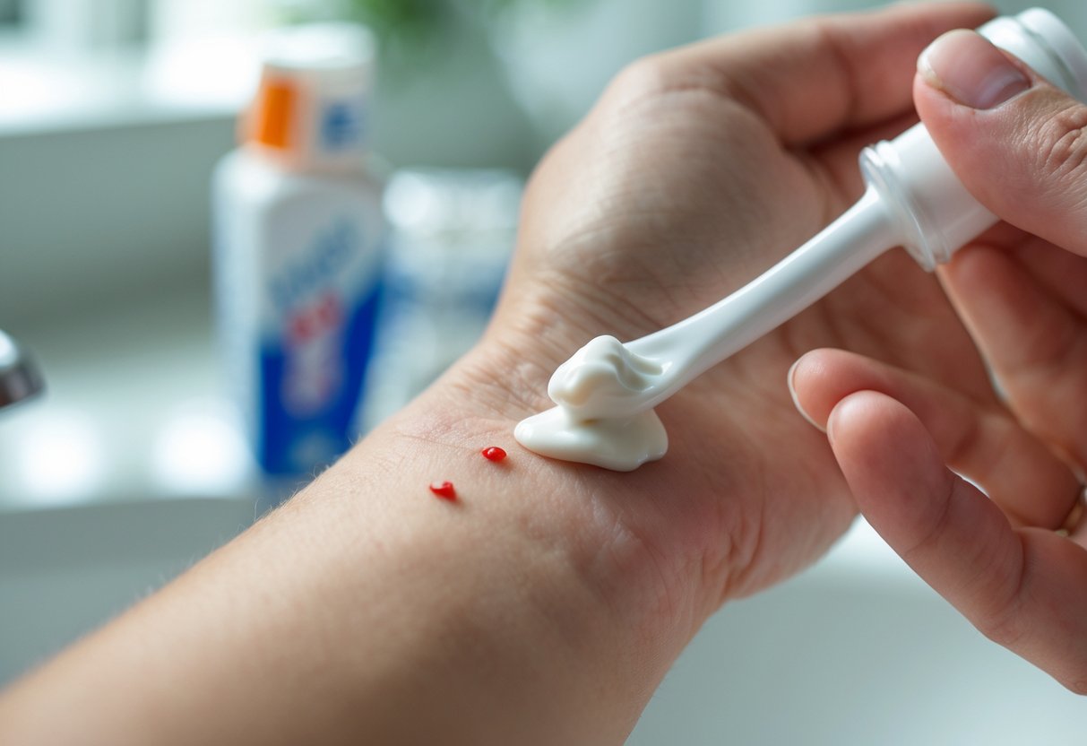 A person applying toothpaste to a red bug bite on their forearm.