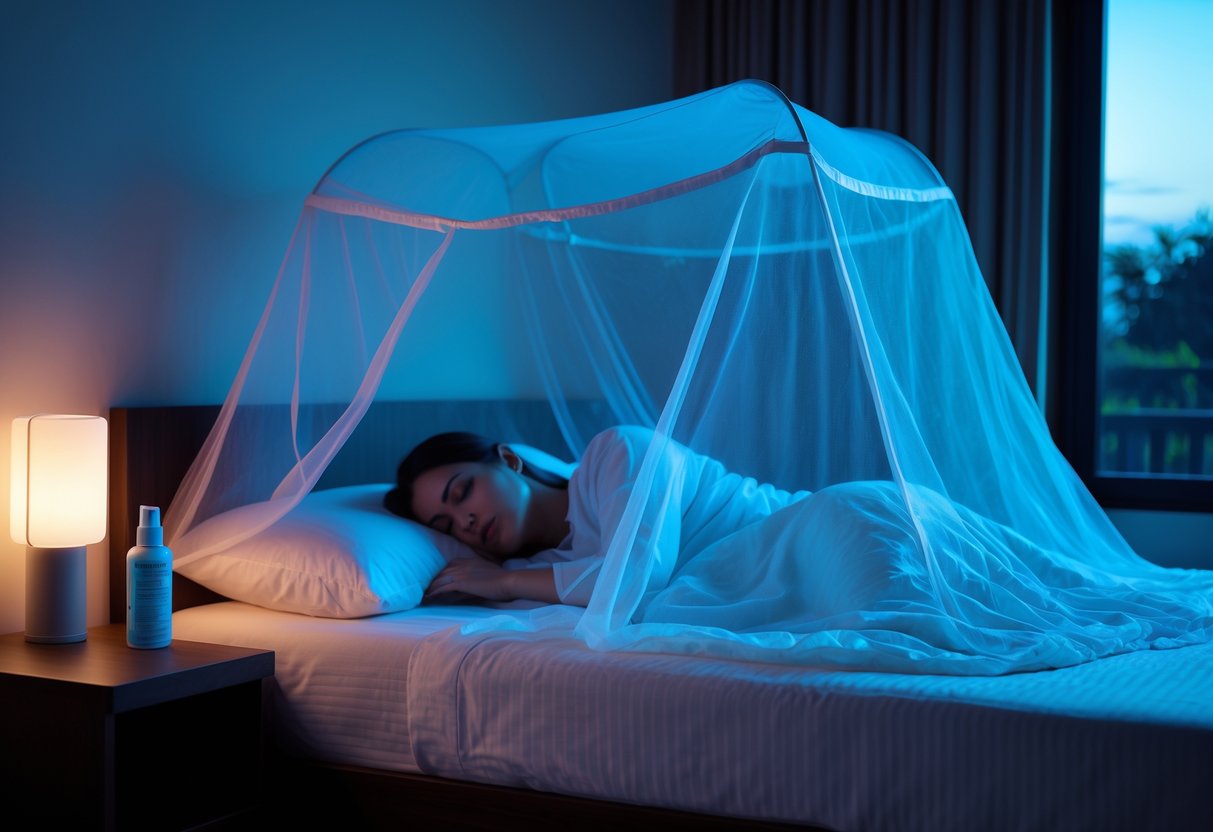 A person sleeping peacefully under a mosquito net in a bedroom with insect repellent devices on the bedside table.