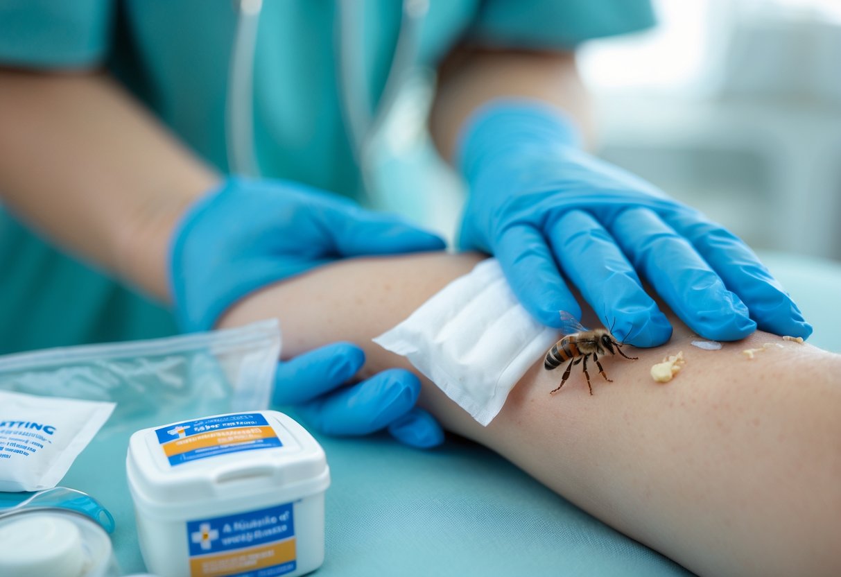 A healthcare professional applies a cold compress to a person's hand with a bee sting in a clinical setting.