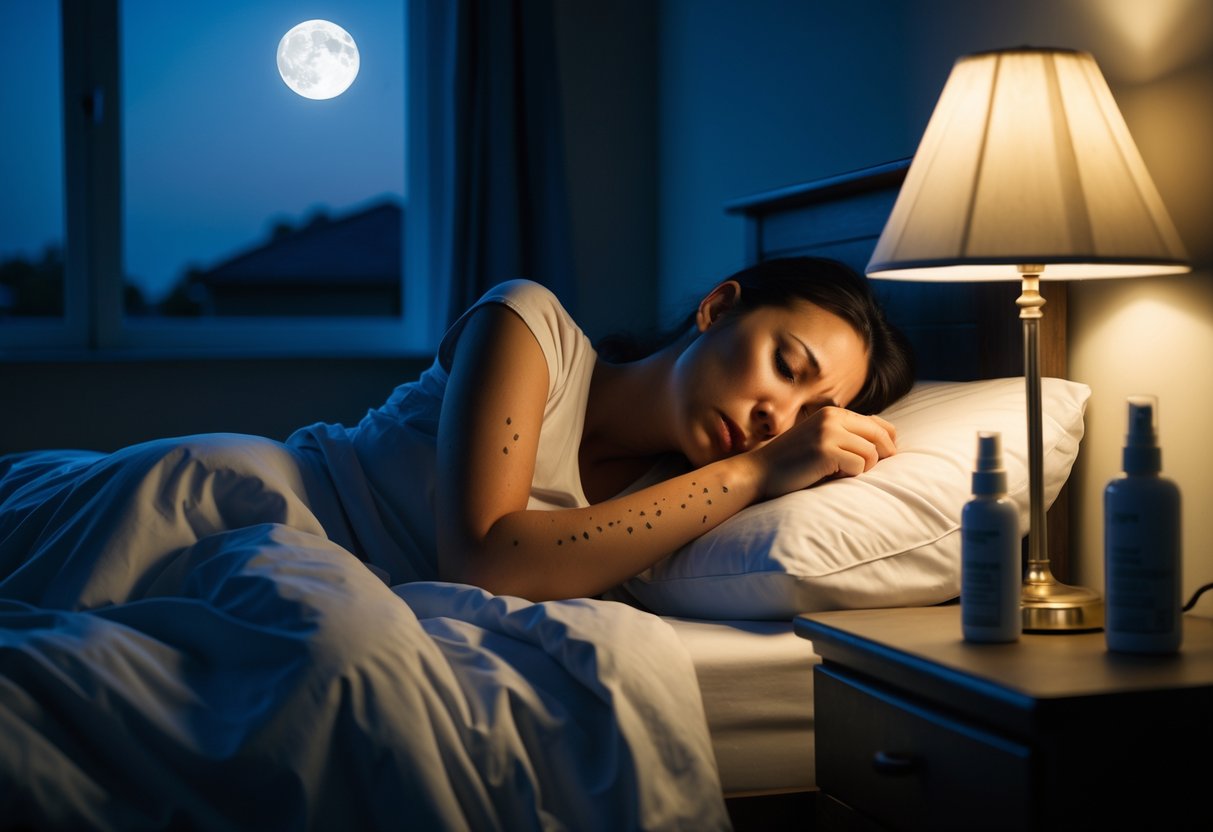 A person lying in bed at night, scratching their arm and looking uncomfortable.