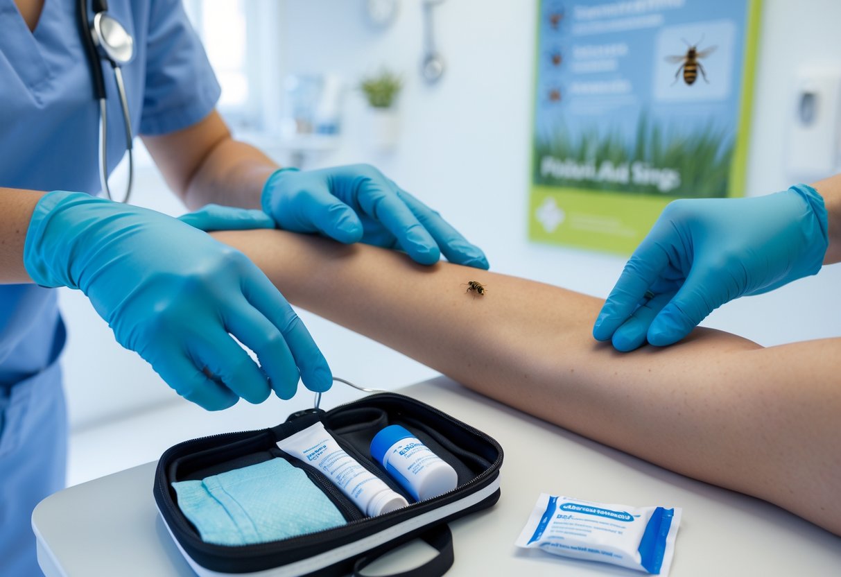 A healthcare professional examining a patient's arm with a bee sting mark in a bright medical clinic with first aid supplies nearby.