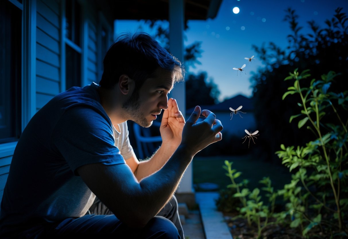 Person outdoors at night looking at their arm with small insects flying nearby in a garden setting.