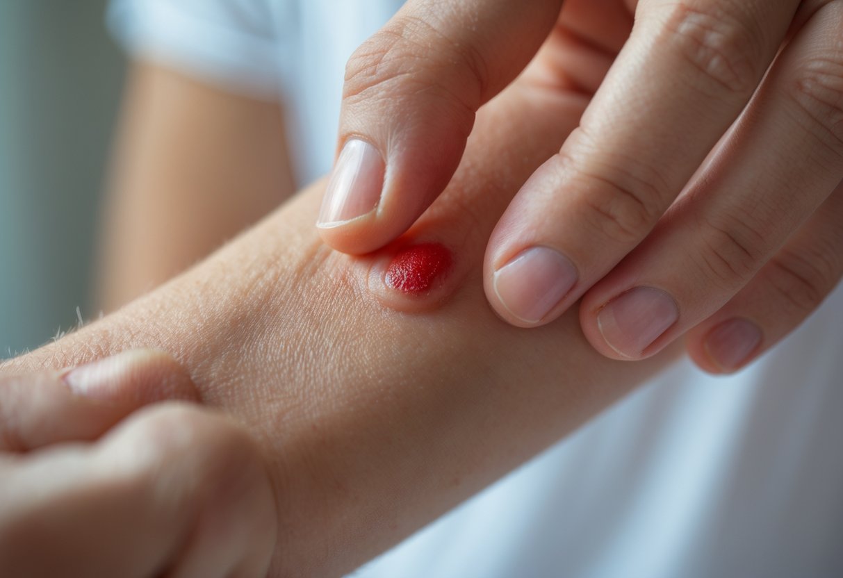 Close-up of a person scratching a red, swollen insect bite on their forearm.