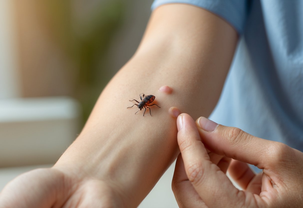 Close-up of a person's forearm with a swollen, red bug bite being gently touched by their hand.