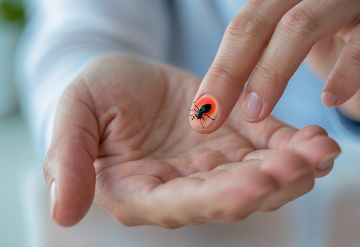 Close-up of a person's hand with swelling and redness around a bug bite, being gently examined by the other hand.