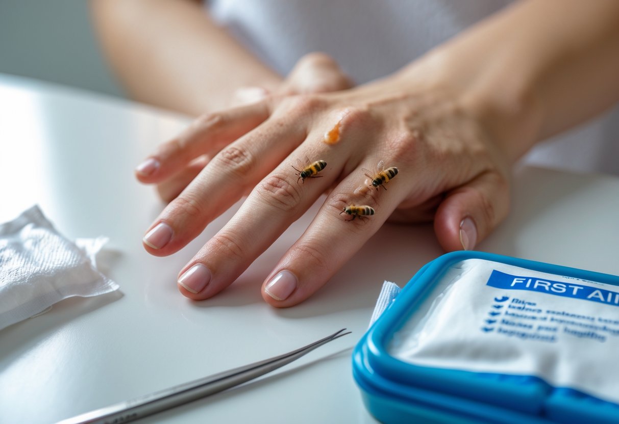 Close-up of a person's hand with a visible bee sting and slight redness, next to a first aid kit on a white surface.