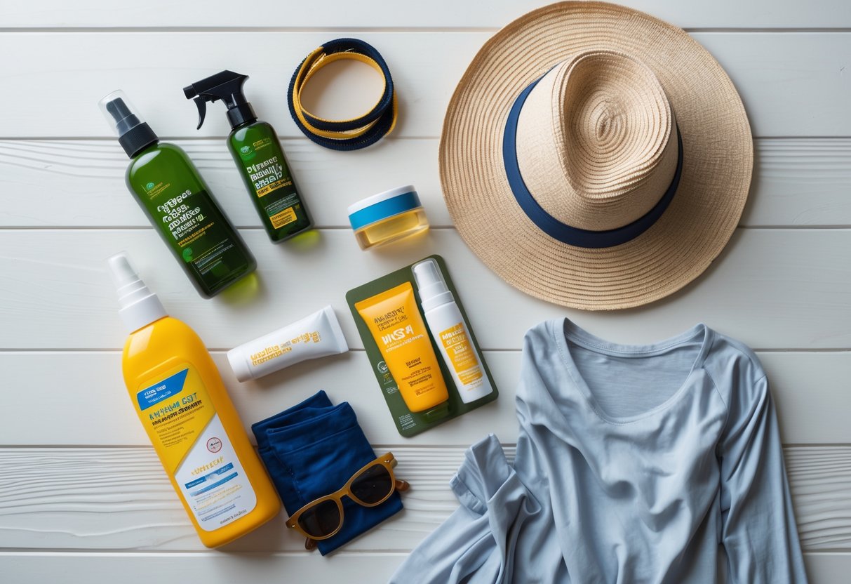 A flat lay of insect repellent spray, cream, wristbands, sunscreen, a hat, sunglasses, and a long-sleeve shirt on a wooden surface.
