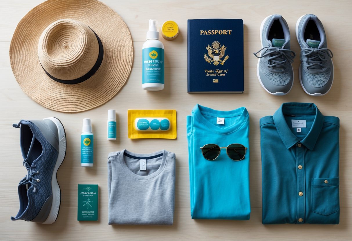 Travel essentials arranged on a wooden surface including mosquito repellent spray, insect bite cream, repellent wristbands, sun hat, sunglasses, long-sleeve clothing, a guidebook, passport, and walking shoes.