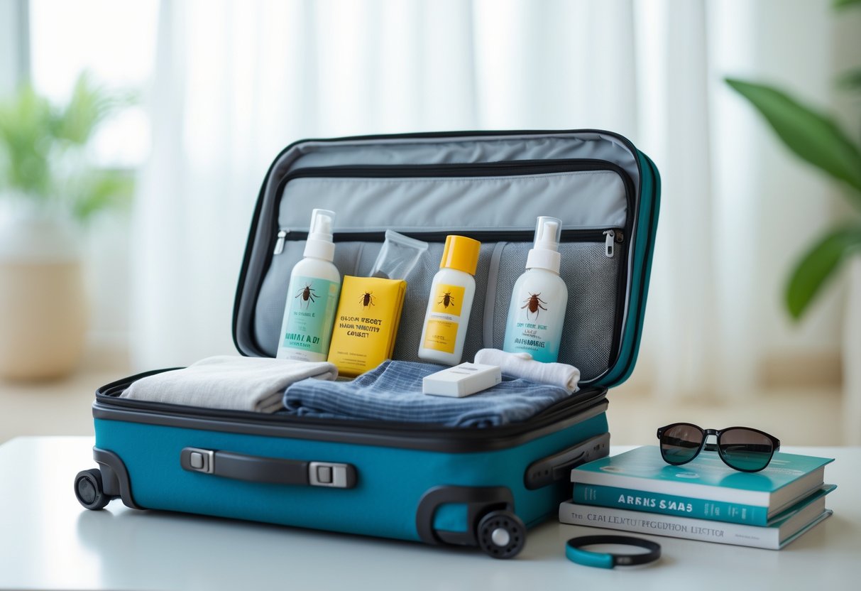 Open suitcase packed with mosquito repellent items and travel essentials on a clean surface indoors.