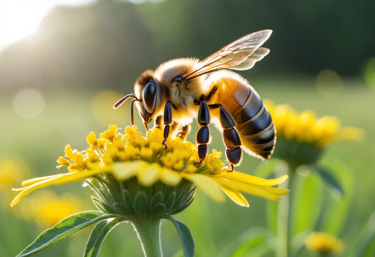 A honeybee sitting on a yellow flower in a sunlit meadow with a blurred background.