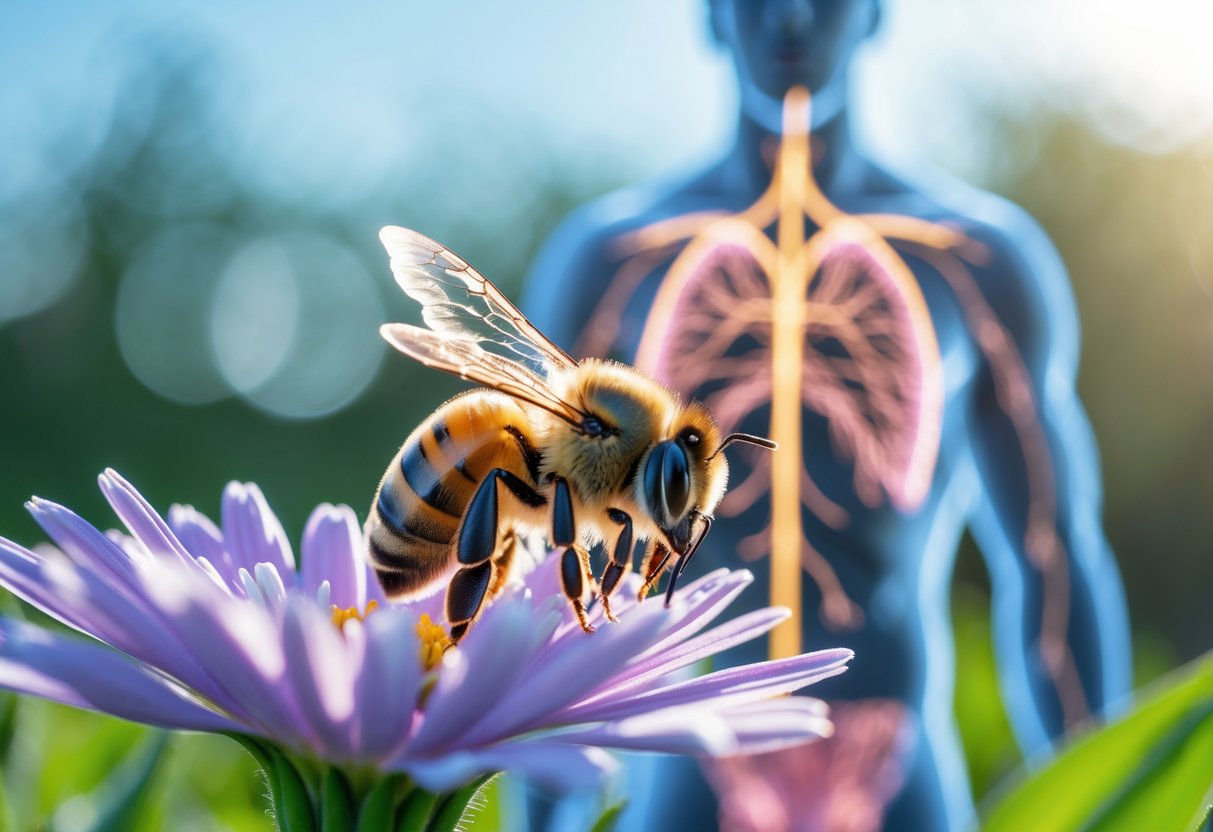 Close-up of a honeybee on a flower with a translucent human silhouette in the background highlighting veins to represent bee venom in the body.