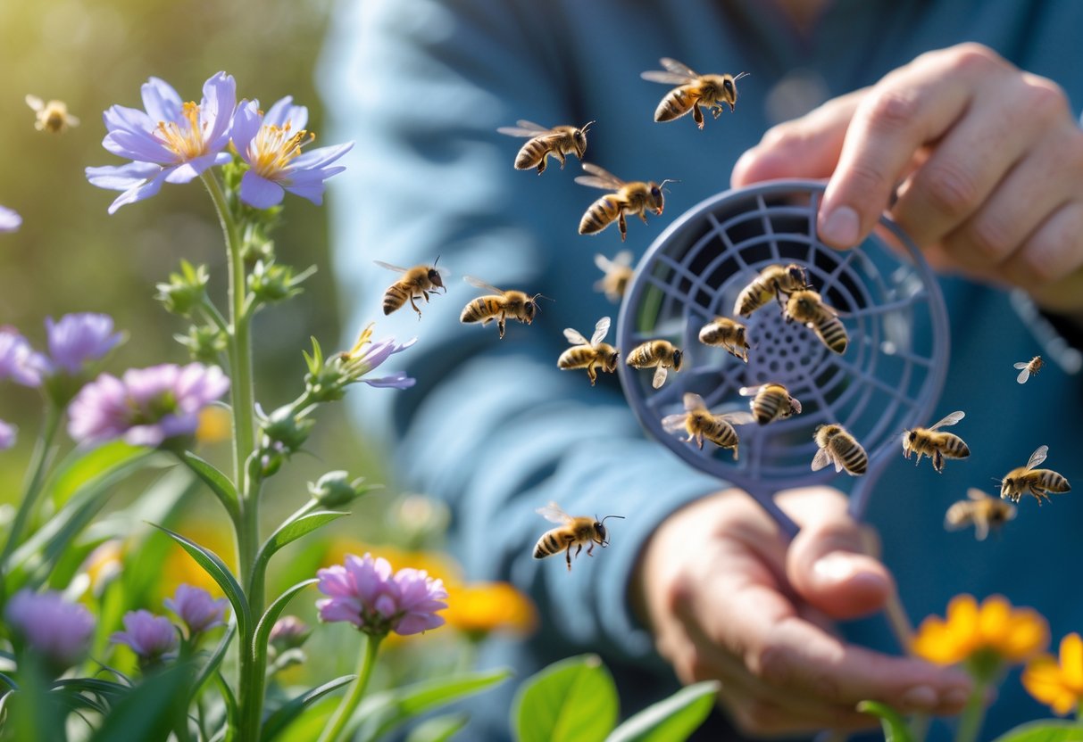 A person waving a small fan near flowers with bees flying around them in a garden.