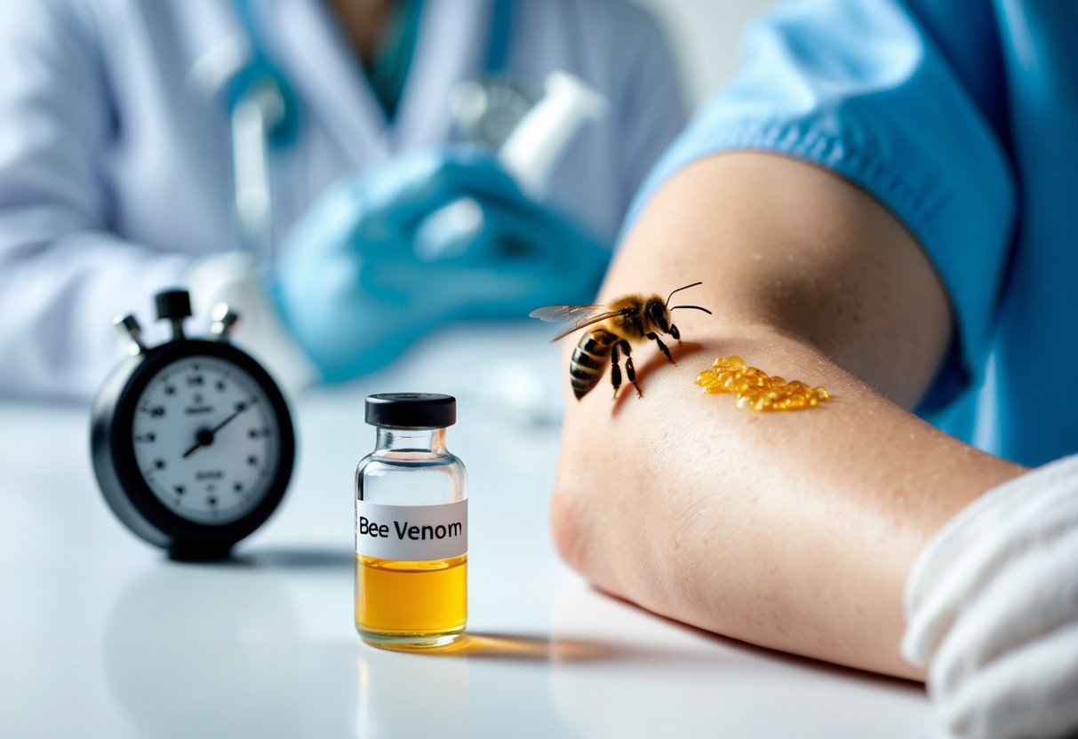 Close-up of a human arm with a bee sting, a vial of bee venom, a digital stopwatch, and a medical professional in the background.
