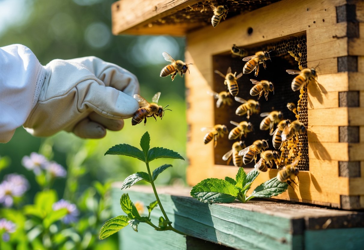 A beekeeper holding mint leaves near a honeybee hive with bees flying away from the mint in a garden.