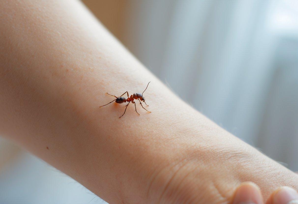 Close-up of a bare arm with a small insect crawling on the skin.