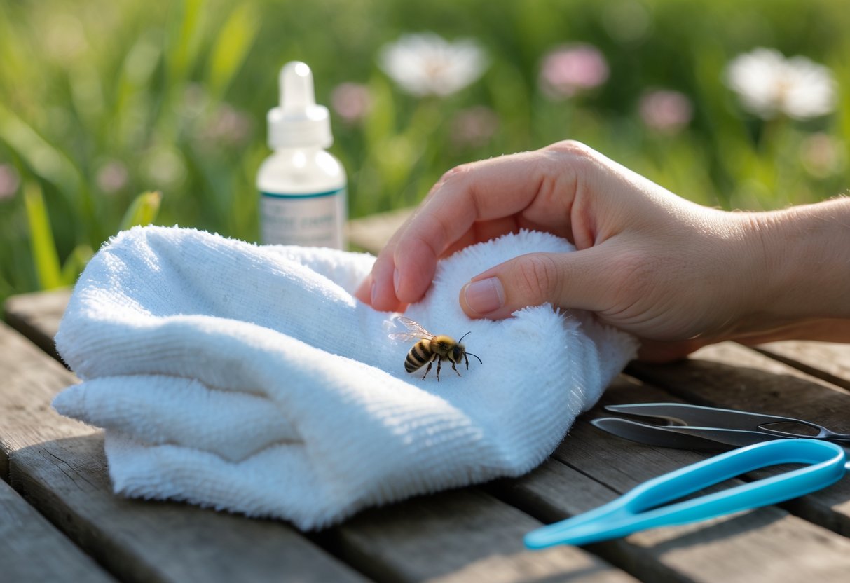 A person gently pressing a cold compress to a red swollen bee sting on their arm outdoors.