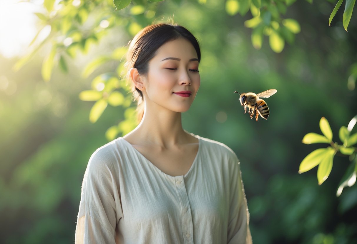 A person standing calmly outdoors with a bee flying nearby among green plants.