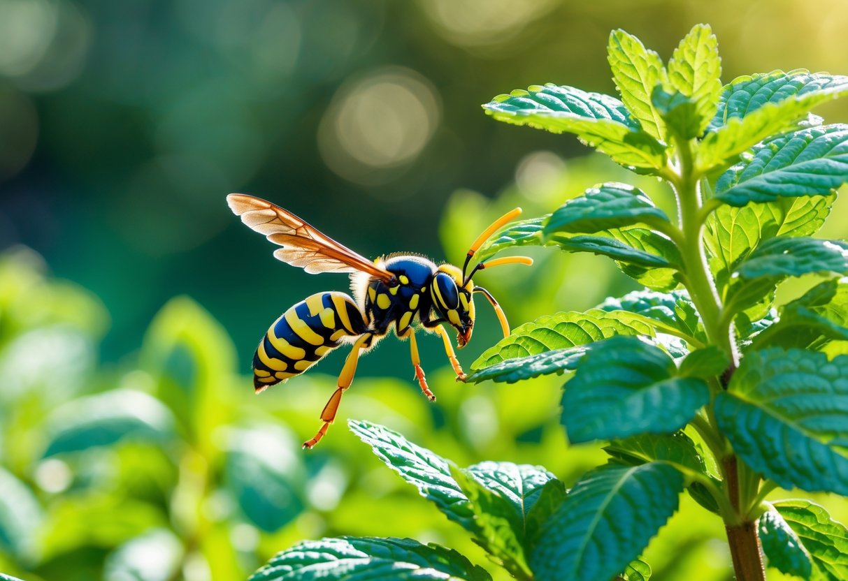 A wasp flying near fresh mint leaves in a garden.