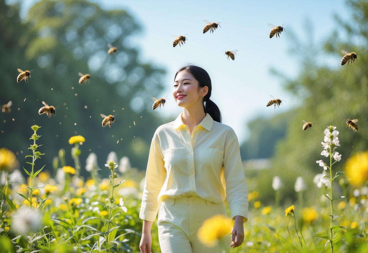 A person wearing light-colored clothes standing calmly in a garden with bees flying nearby.