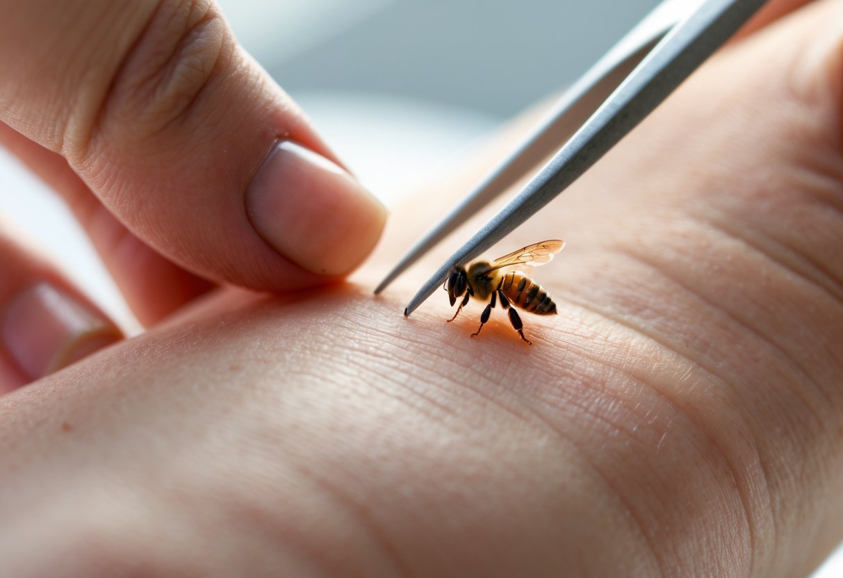 A person removing a bee sting from their skin with tweezers.