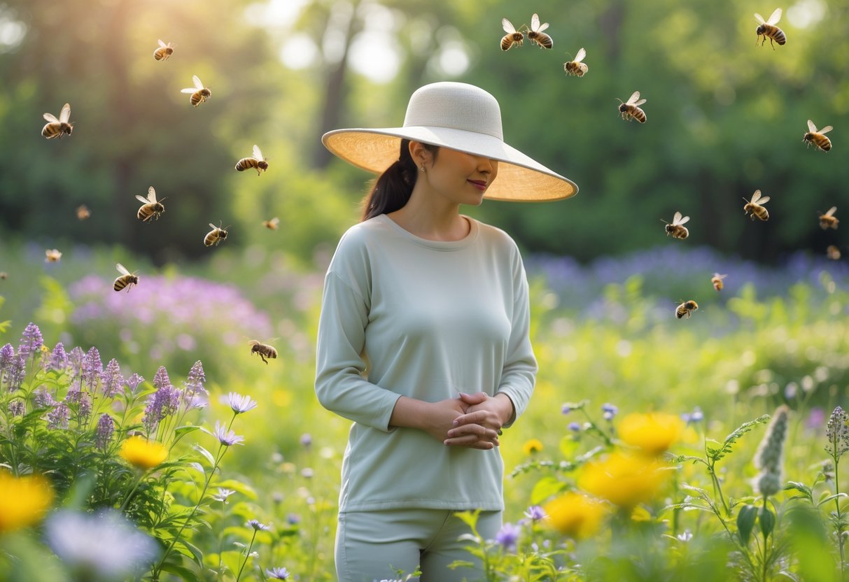 A person standing calmly in a garden with bees flying around flowers nearby.
