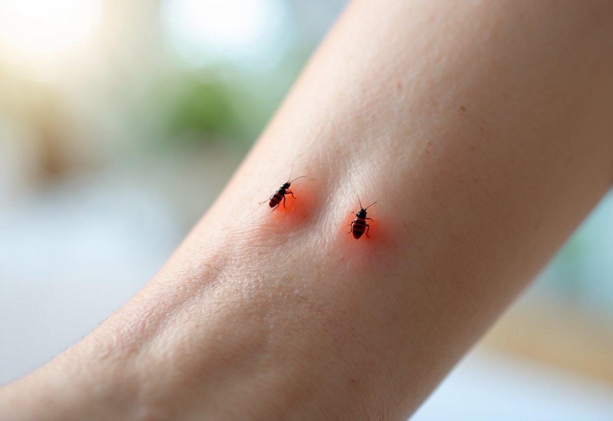 Close-up of a human forearm with two red puncture marks from an insect bite surrounded by mild redness.