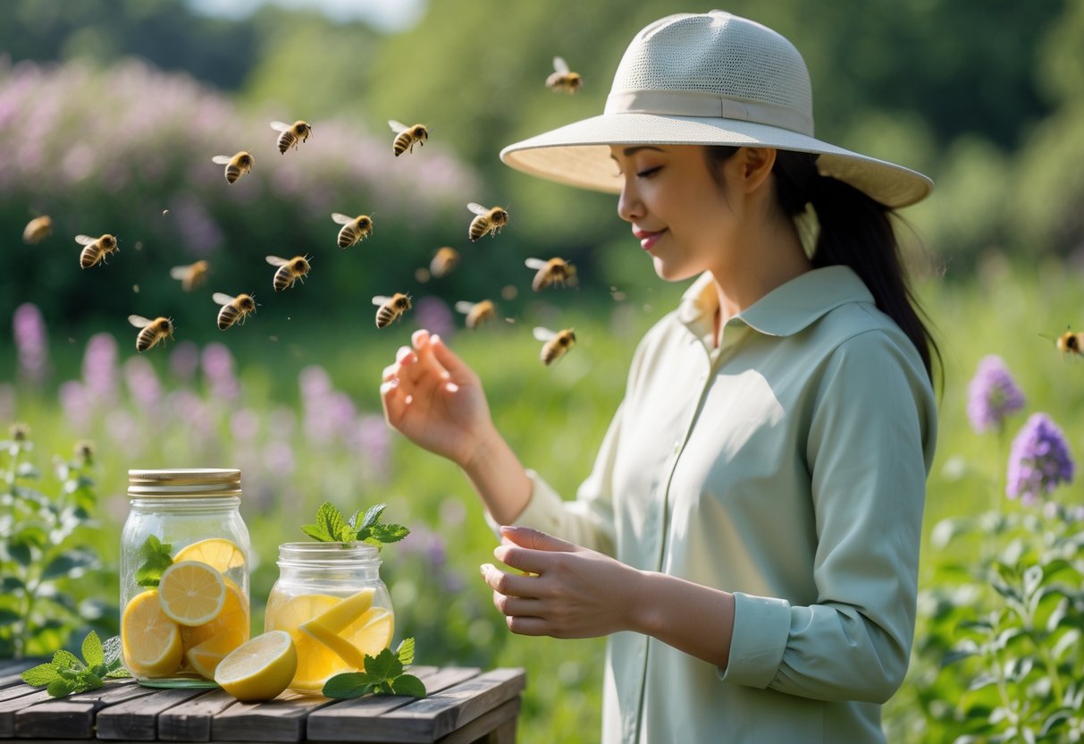 A person outdoors in a garden wearing protective clothing and a hat, surrounded by flying bees near flowers and natural bee deterrents on a table.