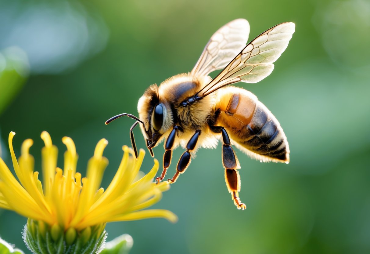 A bee flying near a yellow flower with green foliage in the background.