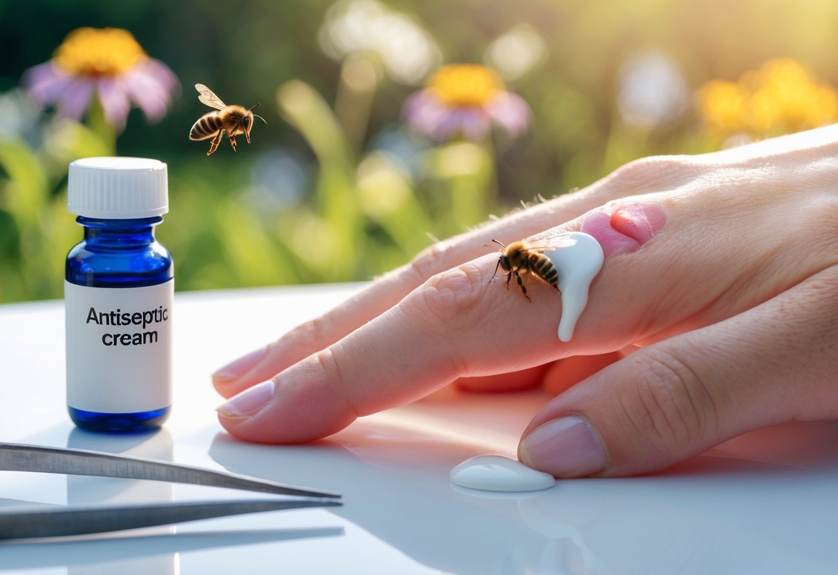 A close-up of a person's hand with a bee sting, showing redness and swelling, with antiseptic cream and tweezers nearby on a white surface and a garden with flowers in the background.