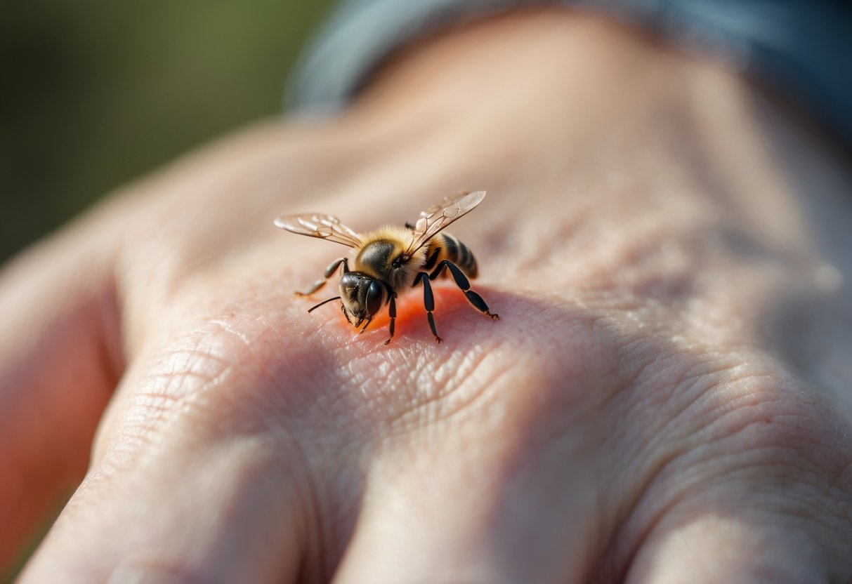 Close-up of a hand with a visible bee sting and slight redness on the skin.