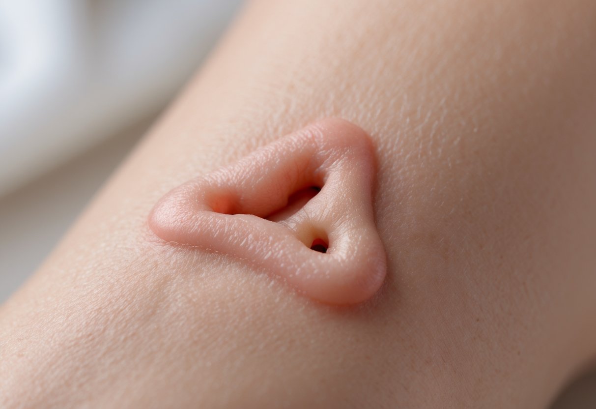 Close-up of a human bite mark on skin showing three distinct puncture wounds arranged like three dots.