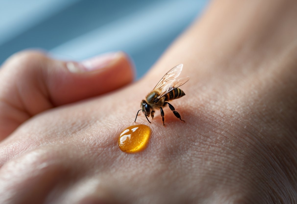 Close-up of a person's skin with a bee stinger embedded and slight redness around the sting.